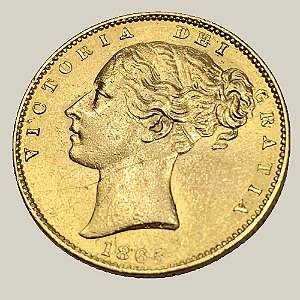 Moeda de Ouro de 1 Libra "Brasonada", Reino Unido - Ano: 1865 - Rainha Vitória do Reino Unido "Young head"