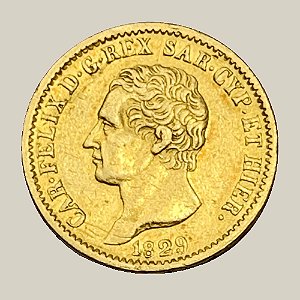 Moeda de Ouro de 20 Liras, Sardenha - Ano: 1829 - Rei Carlos Félix da Sardenha