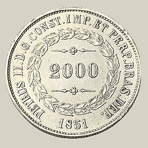 Moeda de Prata de 2000 Réis, Brasil Império - Ano: 1851 - Imperador Pedro II