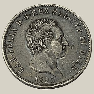 Moeda de Prata de 5 Liras - Sardenha - Ano: 1829 - Rei Carlos Félix