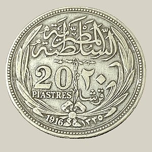 Moeda de Prata de 20 Piastres - Egito - Ano: 1916 - Sultão Hussein Kamel