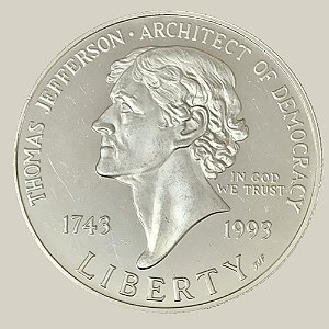 Moeda de Prata de 1 Dólar - EUA - Ano: 1993 S - 150º Aniversário do Nascimento de Thomas Jefferson - Presidente Bill Clinton