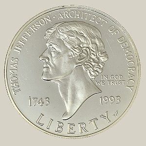 Moeda de Prata de 1 Dólar - EUA - Ano: 1993 S - 150º Aniversário do Nascimento de Thomas Jefferson - Presidente Bill Clinton