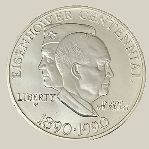 Moeda de Prata de 1 Dólar - EUA - Ano: 1990 W - 100º aniversário - nascimento de Eisenhower - Presidente George H. W. Bush