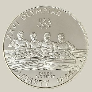 Moeda de Prata de 1 Dólar - EUA - Ano: 1996 P - XXVI Jogos Olímpicos de Verão, Atlanta 1996 - Remo - Presidente Bill Clinton