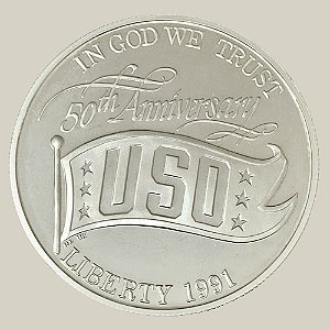 Moeda de Prata de 1 Dólar - EUA - Ano: 1991 S - 50° Aniversário - Organizações de Serviço Unidas - Presidente George H. W. Bush