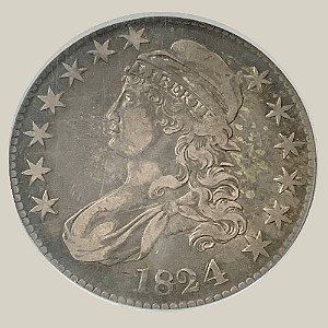 Moeda de Prata de 50 cêntimos (½ Dólar Peito Coberto), EUA - Ano: 1824 - 5º Presidente dos EUA James Monroe