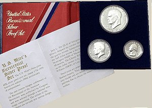 Silver Proof Set com 3 moedas (0,25; 0,50 e 1 Dollar) - 200⁰ Aniversário da Independência, EUA - Ano: 1976 S - Presidente Gerald Rudolph Ford Jr.