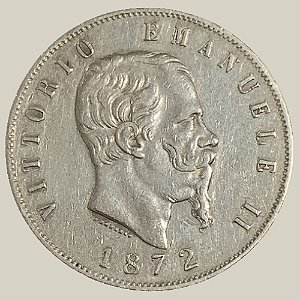 Moeda de Prata de 5 Liras - Itália - Ano: 1872 - Rei Vittorio Emanuele II