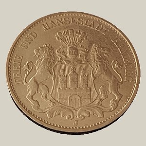 Moeda de Ouro de 20 Marcos, Império Alemão - Ano: 1900 J - Cidade e Estado