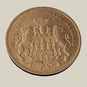 Moeda de Ouro de 20 Marcos, Império Alemão - Ano: 1887 J - Cidade e Estado