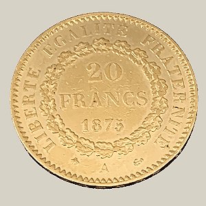 Moeda de Ouro de 20 Francos, França (Terceira República) - Ano: 1875 A - Presidente Patrice de Mac-Mahon