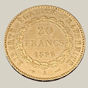 Moeda de Ouro de 20 Francos, França (Terceira República) - Ano: 1896 A - Presidente Félix Faure