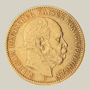 Moeda de Ouro de 20 Marcos, Império Alemão - Ano: 1873 C - Rei Guilherme I da Prússia
