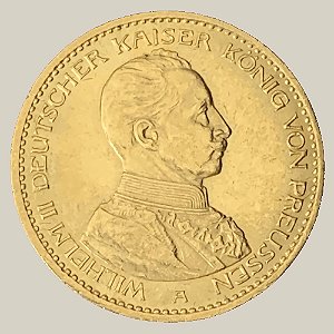Moeda de Ouro de 20 Marcos, Império Alemão - Ano: 1914 A - Rei Guilherme II da Prússia