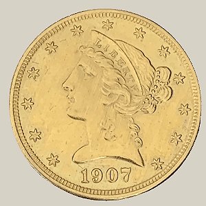 Moeda de Ouro de 5 Dólares (Half Eagle), Estados Unidos da América - Ano: 1907 D - Pres. Theodore Roosevelt Jr.