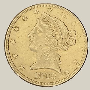 Moeda de Ouro de 5 Dólares (Half Eagle), Estados Unidos da América - Ano: 1908 - Pres. Theodore Roosevelt Jr.
