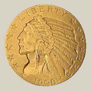 Moeda de Ouro de 5 Dólares (Indian Head), Estados Unidos da América - Ano: 1908 - Pres. Theodore Roosevelt Jr.