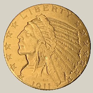 Moeda de Ouro de 5 Dólares (Indian Head), Estados Unidos da América - Ano: 1911 - Pres. Howard Taft