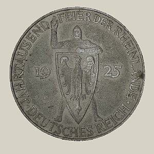 Moeda de Prata de 5 Reichsmark, República de Weimar - Milésimo ano da Renânia - Ano: 1925 D - Pres. Friedrich Ebert