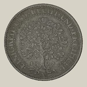 Moeda de Prata de 5 Reichsmark, Carvalho, República de Weimar - Ano: 1927 A - Pres. Paul von Hindenburg