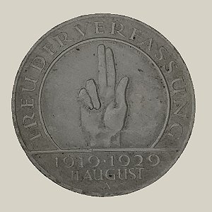 Moeda de Prata de 3 Reichsmark, 10º aniversário da Constituição, República de Weimar - Ano: 1929 A - Pres. Paul von Hindenburg