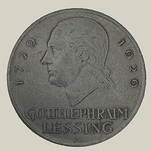 Moeda de Prata de 5 Reichsmark, 200º aniversário do nascimento de Gotthold Lessing, República de Weimar - Ano: 1929 A - Pres. Paul von Hindenburg