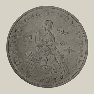 Moeda de Prata de 3 Reichsmark, 700º aniversário - morte de Walter von der Vogelweide, República de Weimar - Ano: 1930 A - Pres. Paul von Hindenburg