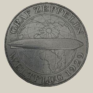 Moeda de Prata de 5 Reichsmark, Vôo do Graf Zeppelin, República de Weimar - Ano: 1930 A - Pres. Paul von Hindenburg