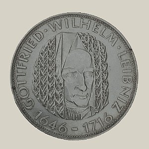 Moeda de Prata de 5 Mark, 250º Aniversário - Morte de Gottfried Wilhelm Leibniz, Alemanha - Ocidental (RFA) - Ano: 1966 D - Pres. Heinrich Lübke