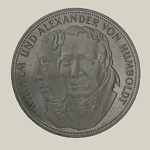 Moeda de Prata de 5 Mark, 200º Aniversário - Nascimento de Wilhelm e Alexander von Humboldt, Alemanha - Ocidental (RFA) - Ano: 1967 F - Pres. Heinrich Lübke
