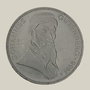 Moeda de Prata de 5 Mark, 500º Aniversário - Morte de Johannes Gutenberg, Alemanha - Ocidental (RFA) - Ano: 1968 G - Pres. Heinrich Lübke