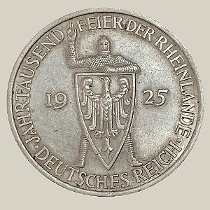 Moeda de Prata de 5 Reichsmark, República de Weimar - Milésimo ano da Renânia - Ano: 1925 A - Pres. Friedrich Ebert