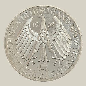 Moeda de Prata de 5 Mark, 150º Aniversário - Nascimento de Theodor Fontane, Alemanha - Ocidental (RFA) - Ano: 1969 G - Pres. Heinrich Lübke