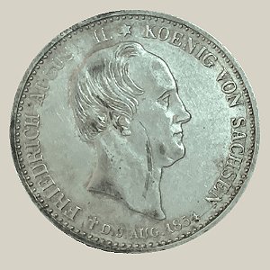 Moeda de Prata de ⅓ Táler - Morte do Rei Frederico Augusto II, Saxônia - Ano: 1854 F - Rei João