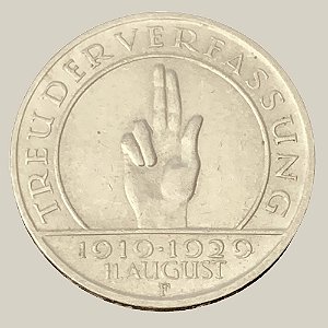 Moeda de Prata de 3 Reichsmark, 10º aniversário da Constituição, República de Weimar - Ano: 1929 F - Pres. Paul von Hindenburg