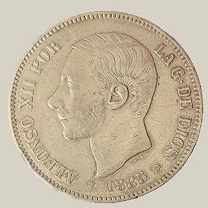 Moeda de Prata de 5 Pesetas, Espanha - Ano: 1885 - Rei Alfonso XII