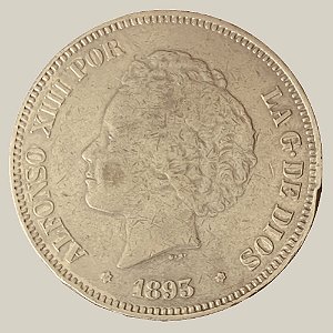 Moeda de Prata de 5 Pesetas, Espanha - Ano: 1893 - Rei Alfonso XIII