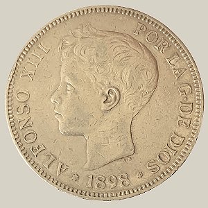 Moeda de Prata de 5 Pesetas, Espanha - Ano: 1898 - Rei Alfonso XIII
