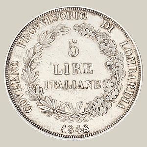 Moeda de Prata de 5 Liras, Itália - Ano: 1848 - GOVERNO PROVVISORIO DI LOMBARDIA