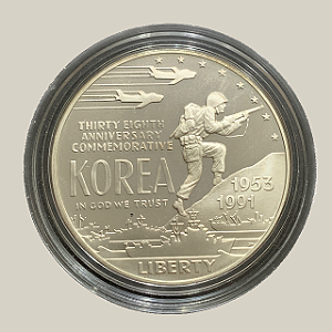 Moeda de Prata de 1 Dólar - EUA - Ano: 1991 P - 38° Aniversário - Guerra da Coreia  - Presidente George H. W. Bush