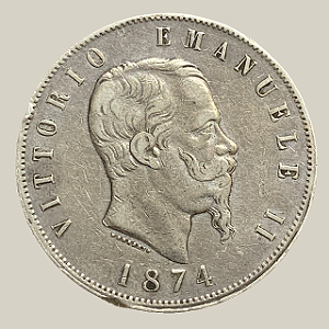 Moeda de Prata de 5 Liras - Itália - Ano: 1874 - Rei Vittorio Emanuele II