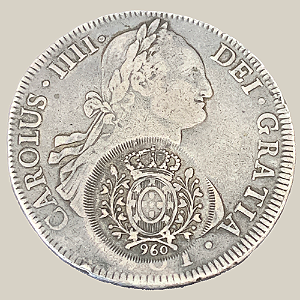 Moeda de Prata de 8 Reales - Carimbo Minas - Potosí- Ano: 1801 - Rei Carlos IIII