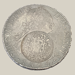 Moeda de Prata de 8 Reales - Carimbo Minas - Potosí - Ano: 1804 - Rei Carlos IIII