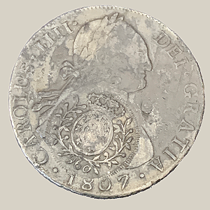 Moeda de Prata de 8 Reales - Carimbo Minas - Potosí - Ano: 1807 - Rei Carlos IIII