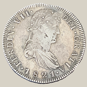 Moeda de Prata de 8 Reales - Zacatecas - México - Ano: 1821 - Rei Fernando VII
