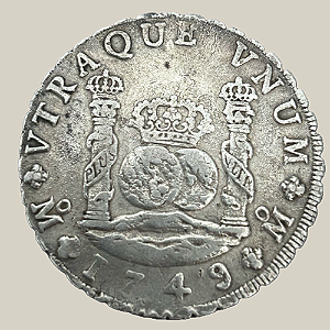 Moeda de Prata de 8 Reales - Colunário, México - Ano: 1749 - Rei Ferdnd VI