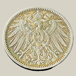 Moeda de prata, 1 Mark (1907D) – Império Alemão (Tipo 2)