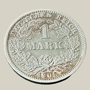 Moeda de prata, 1 Mark (1905D) – Império Alemão (Tipo 2)