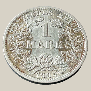 Moeda de prata, 1 Mark (1905D) – Império Alemão (Tipo 2)